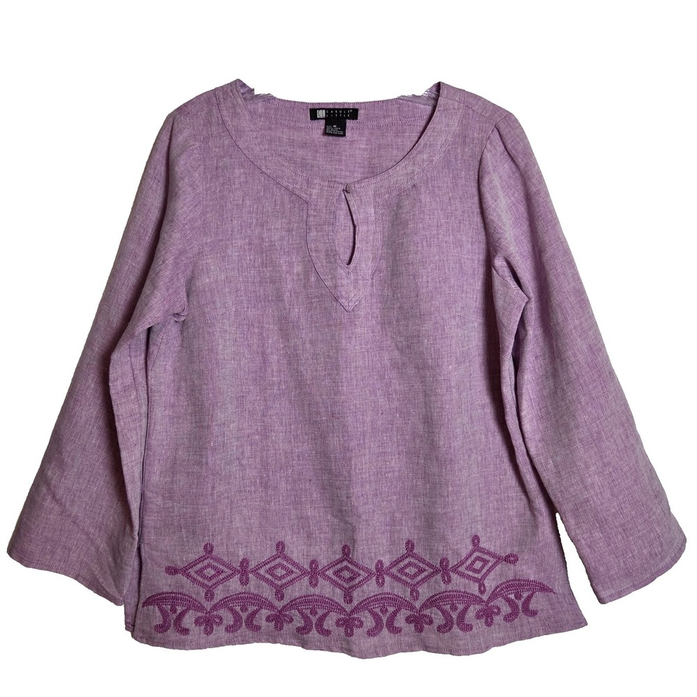 Carole Little 100% Linen Tunic Top Medium Lavender Embroidered Boho Lagenlook